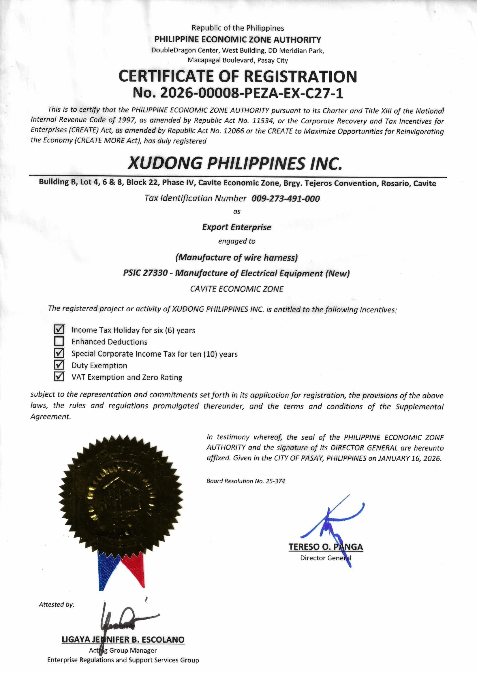 Registrazione PEZA di XUDONG PHILIPPINES INC., certificato n. 2026-00008-PEZA-EX-C27-1
